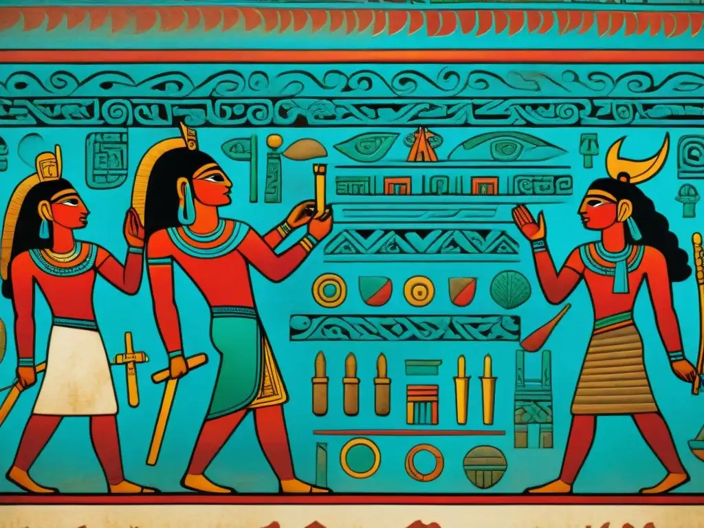 Codex maya: arte ancestral en vibrantes colores Detalle de un antiguo códice maya con colores vibrantes y jeroglíficos intrincados, salvaguarda códices antiguos mayas