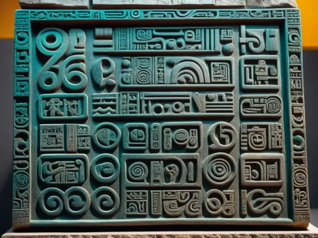 Detalle de un antiguo y bien conservado tablero numérico maya, resaltando los intrincados glifos y símbolos numericos tallados en piedra