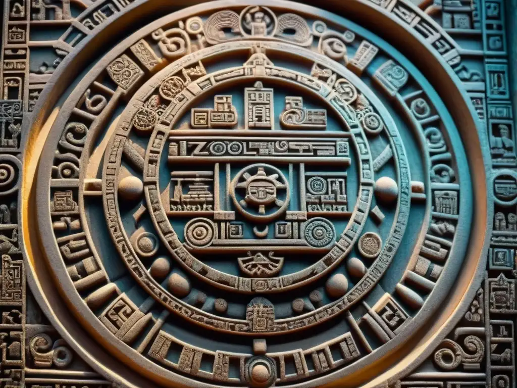 Detalle antiguo del tallado maya del calendario, resaltando glifos y ciclos de tiempo