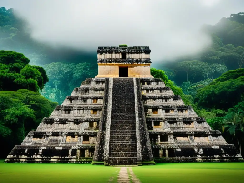 Detalle arquitectónico Maya con piedras cubiertas de musgo y follaje selvático