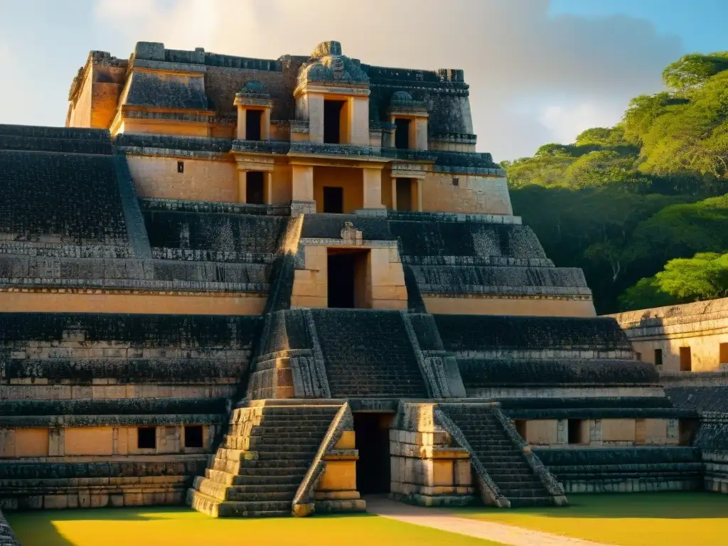Palacio del Gobernador en Uxmal: Esplendor Maya al Atardecer Detalle arquitectónico del Palacio del Gobernador en Uxmal iluminado por el sol, reflejando la vida en Uxmal cultura maya