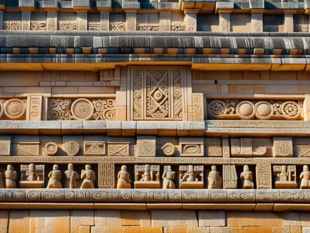 Detalle arquitectónico y patrones geométricos en la fachada del Palacio del Gobernador en Uxmal, resaltando la arquitectura y astronomía maya