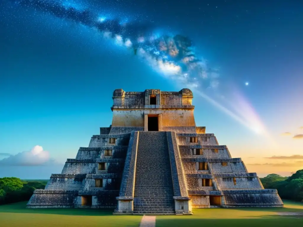 Detalle de la arquitectura y astronomía maya en Uxmal, observatorio bañado por la luz dorada del atardecer y estrellas emergiendo en el cielo azul