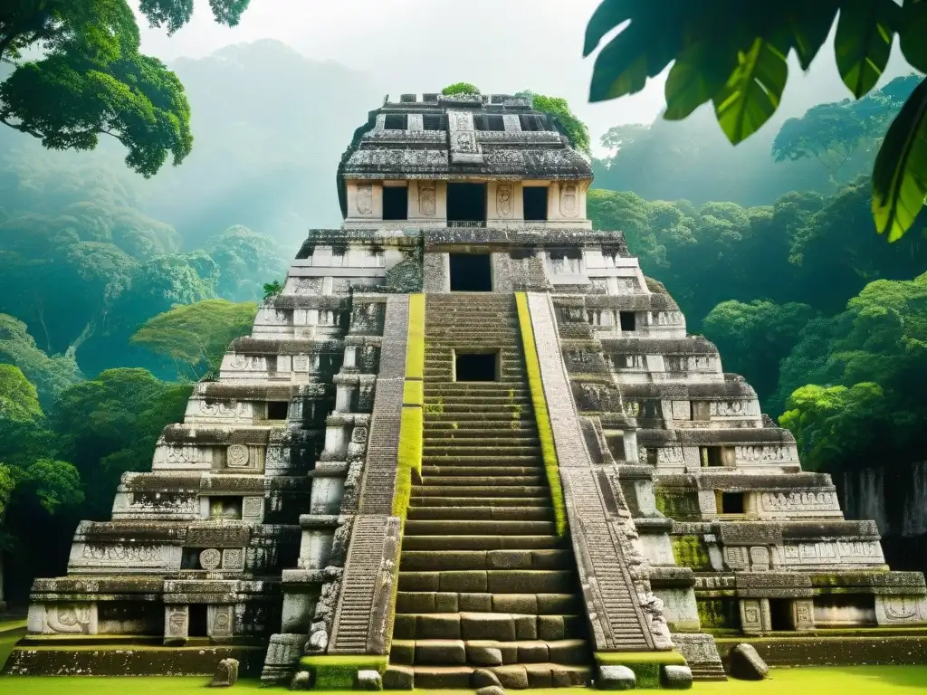 Detalle de la arquitectura maya en armonía natural en el Templo de las Inscripciones en Palenque