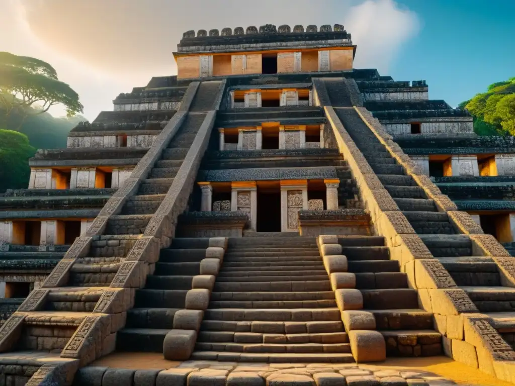 Detalle de la arquitectura maya en el Palacio de Sayil, Ruta Puuc, destacando la artesanía y simbolismo maya