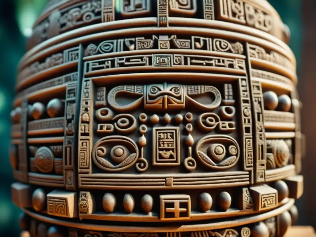 Detalle de artefacto maya con intrincadas inscripciones y patrones, iluminado por luz natural