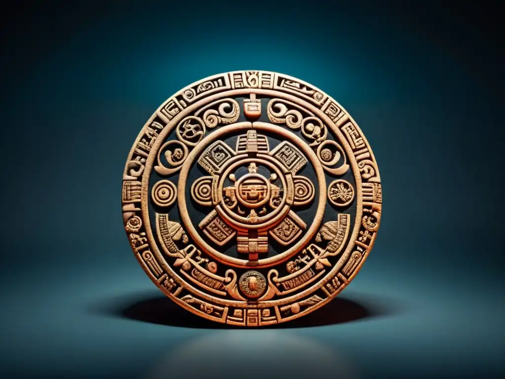 Detalle de artefacto maya medicinal con tallados y símbolos astronómicos y religiosos en fondo oscuro