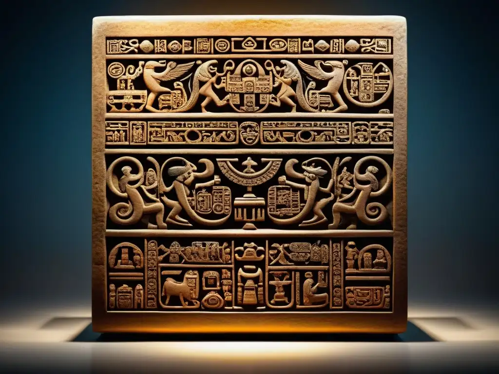 Detalle de artefacto maya tallado con jeroglíficos en museo