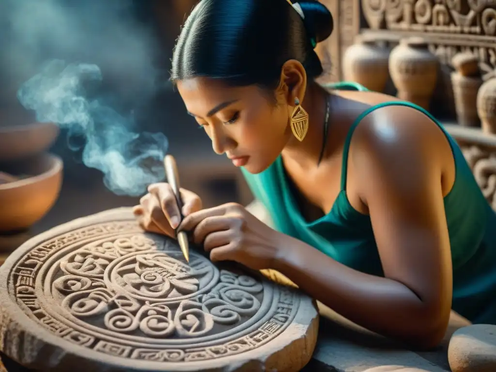 Detalle de artesano maya tallando glifos en piedra, revitalizando escritura maya siglo XXI