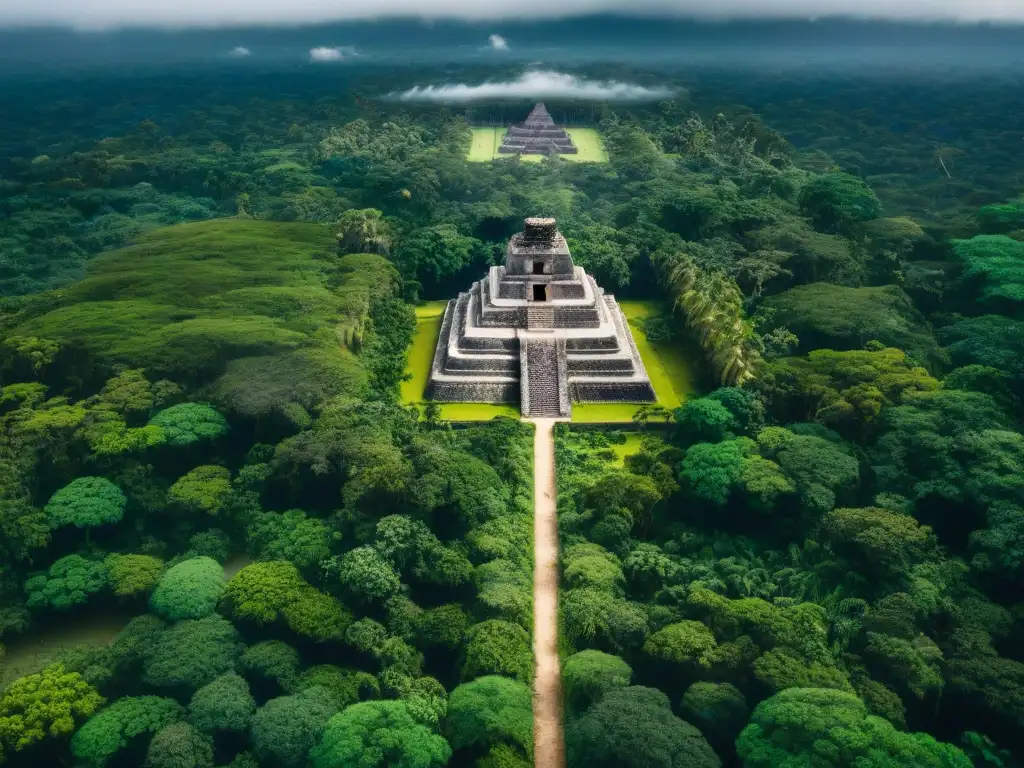 Detalle de asentamientos mayas desde satélite, revelando templos, pirámides y estructuras en la jungla exuberante