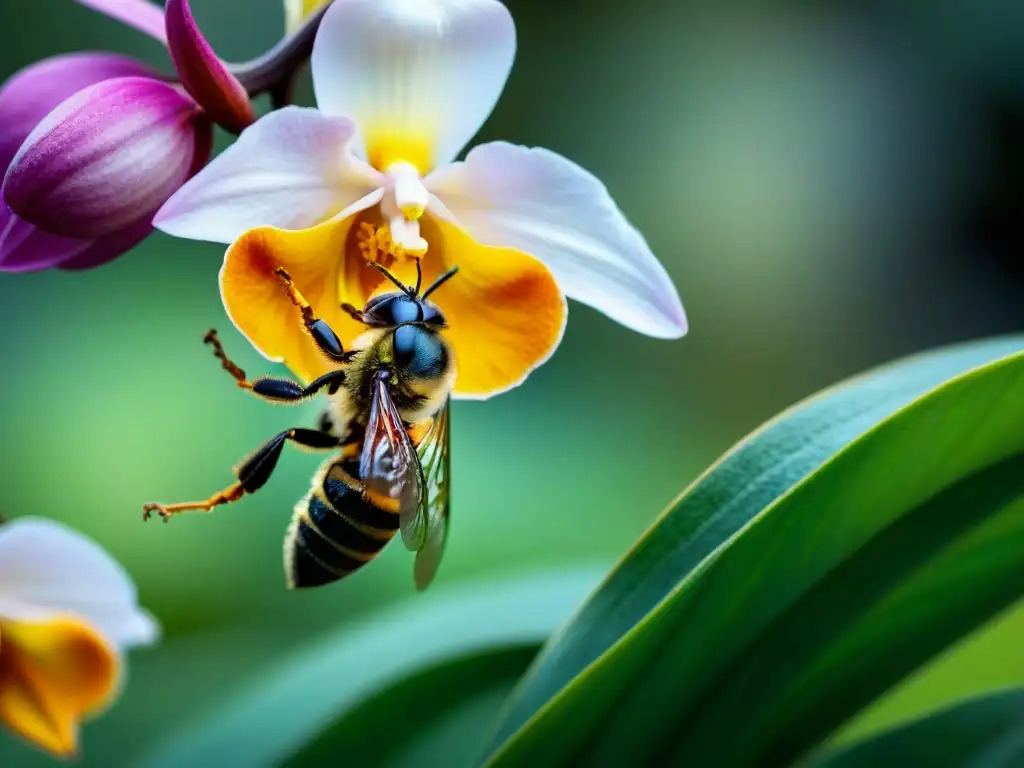 Detalle asombroso de una abeja maya recolectando polen de vainilla en la exuberante selva