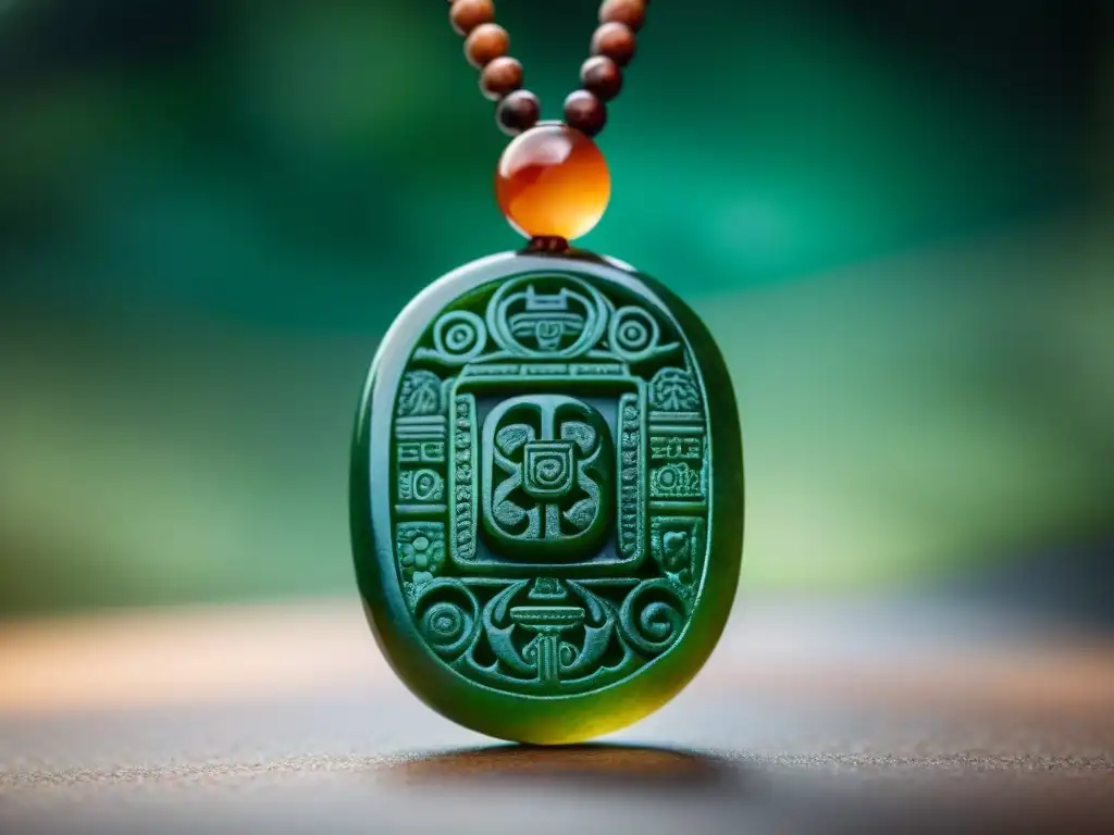 Detalle asombroso de un amuleto maya de jade, con patrones simbólicos de protección y espiritualidad