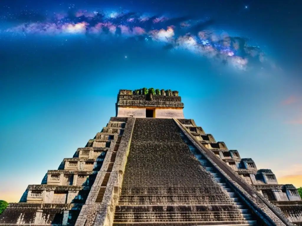 Detalle asombroso de la arquitectura maya en Tikal, mostrando la alineación con la galaxia y estrellas