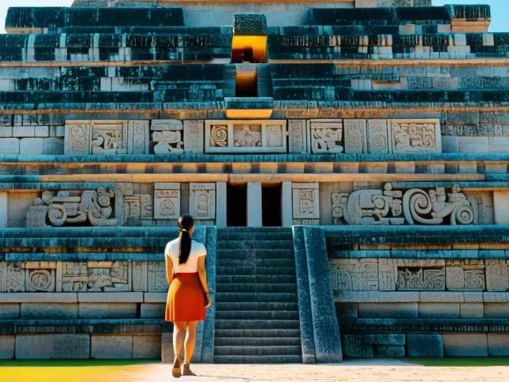 Detalle asombroso de la arquitectura Maya Belleza Matemática en el Templo de Kukulcán, resaltando su precisión y arte