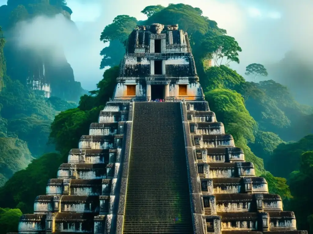 Detalle asombroso de la arquitectura de piedra caliza maya en el Templo I de Tikal, Guatemala