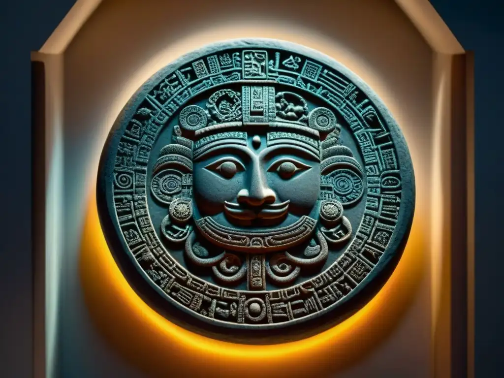 Detalle asombroso del Calendario Maya iluminado por la luz solar en un museo, mostrando su compleja astronomía moderna