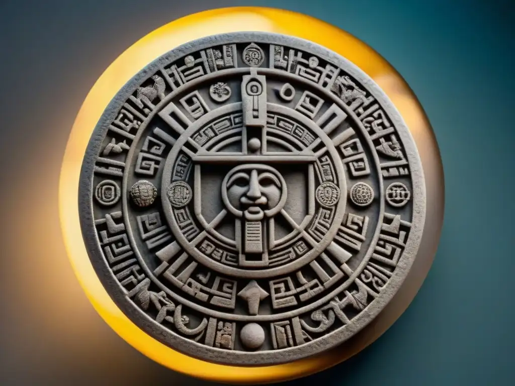 Detalle asombroso del calendario Maya, con sus glifos y detalles destacados bajo la luz natural