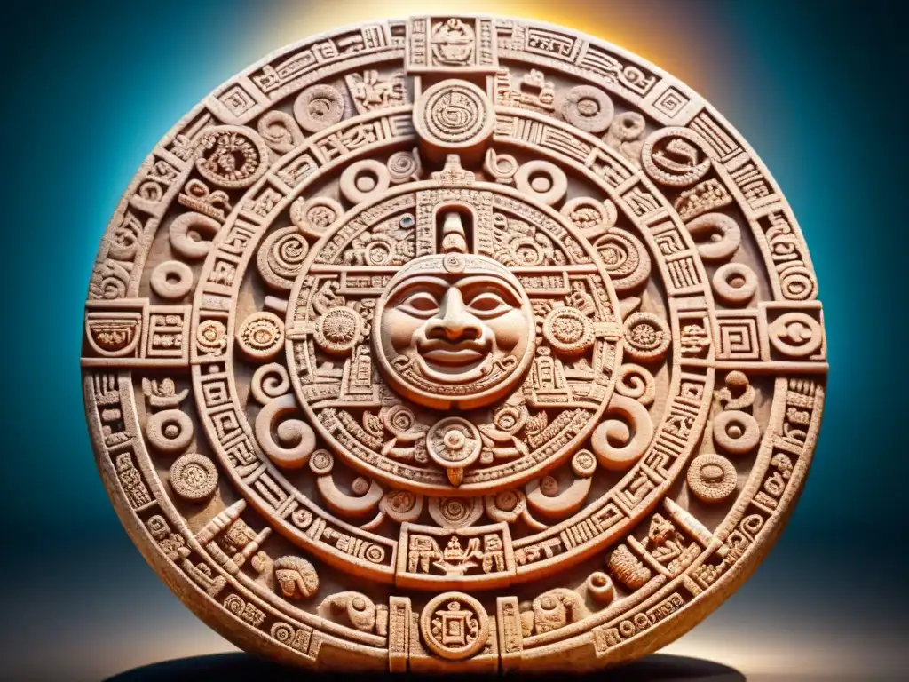 Detalle asombroso del calendario maya, resaltando complejidad y conocimiento astronómico