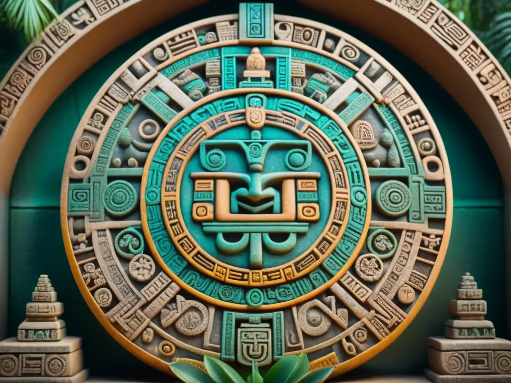 Detalle asombroso de un calendario maya esculpido, símbolos y glifos representando el tiempo