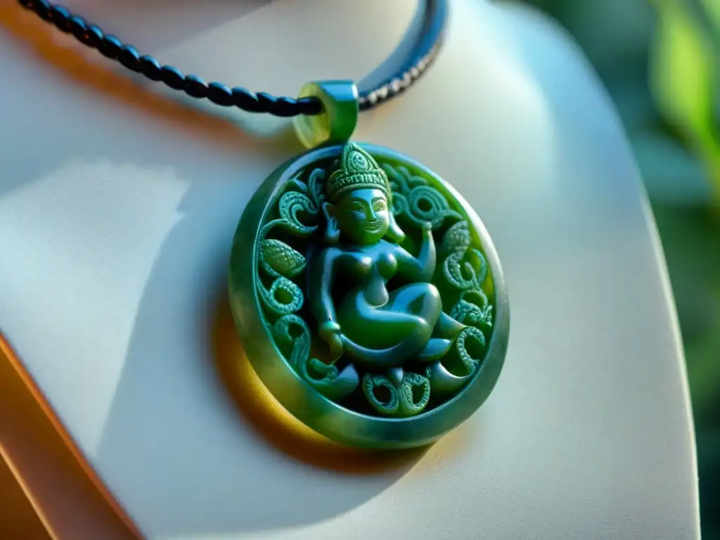 Detalle asombroso de un colgante maya de jade, con intrincadas figuras y símbolos