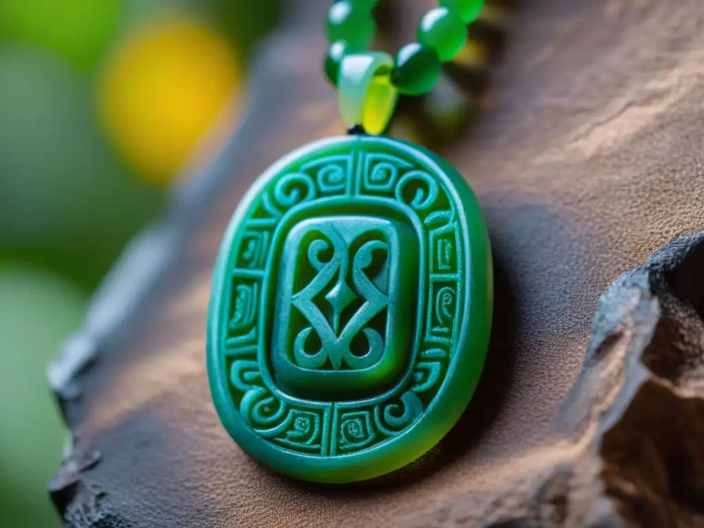 Detalle asombroso de un collar maya de jade, con motivos simbólicos y colores vibrantes