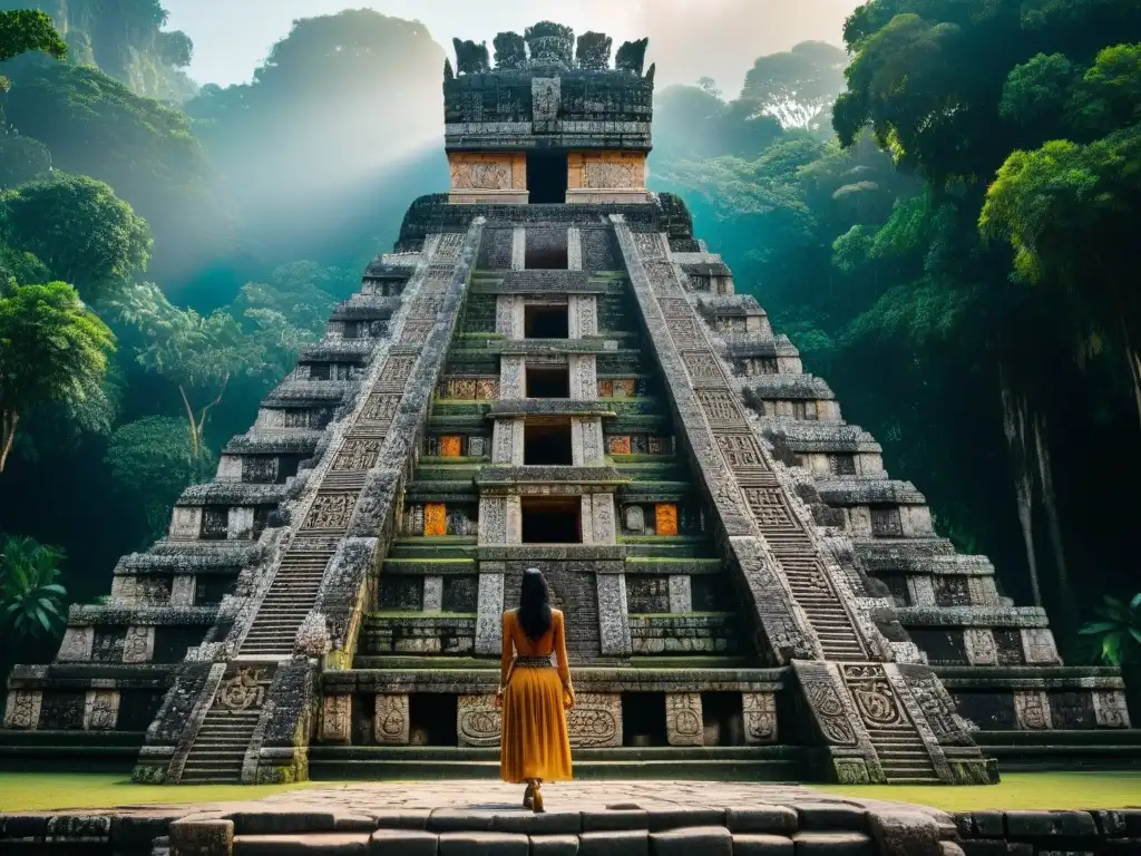 Detalle asombroso de una fachada de templo maya con símbolos antiguos, en la jungla