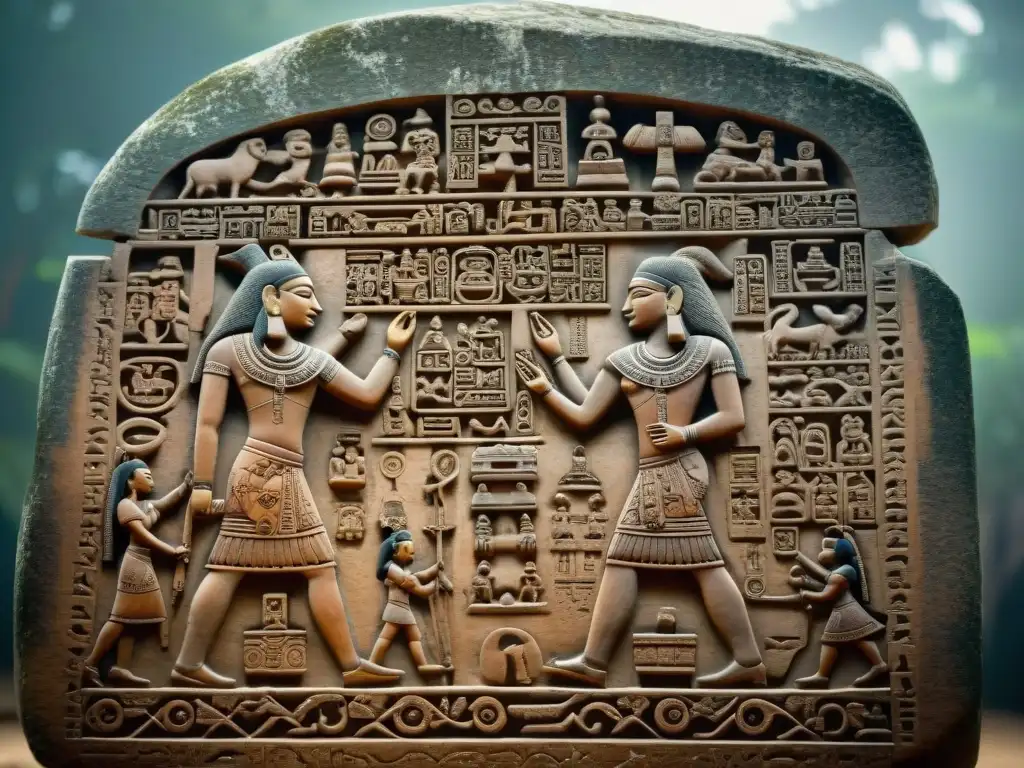 Estela maya: arte ancestral en Piedras Negras Detalle asombroso de una inscripción jeroglífica maya en una gran estela de piedra en Piedras Negras