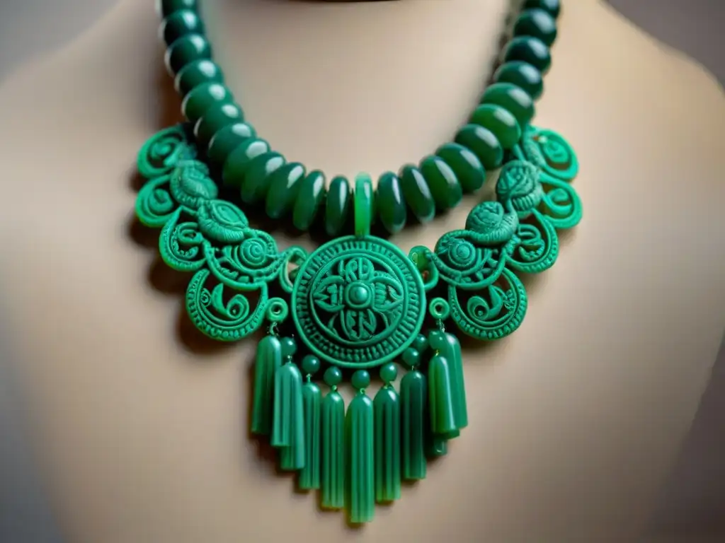 Detalle asombroso de una recreación 3D de una intricada joya maya en jade, resaltando sus colores y grabados