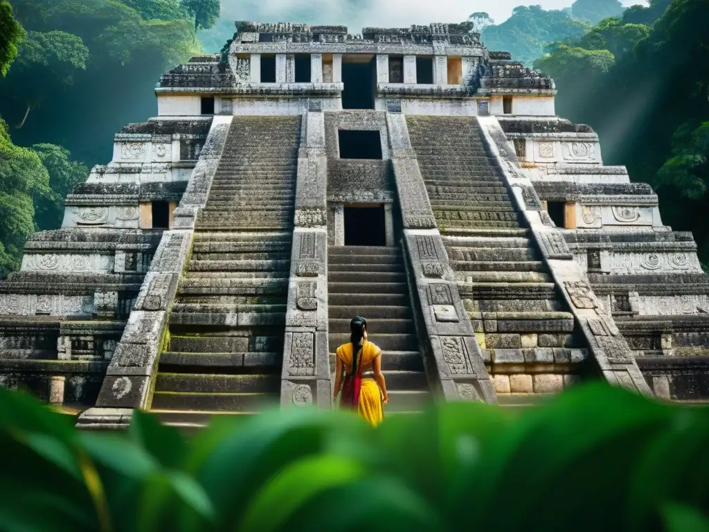 Detalle asombroso de las intricadas Alineaciones astronómicas en Palenque, resaltadas por la luz solar en el Templo de las Inscripciones