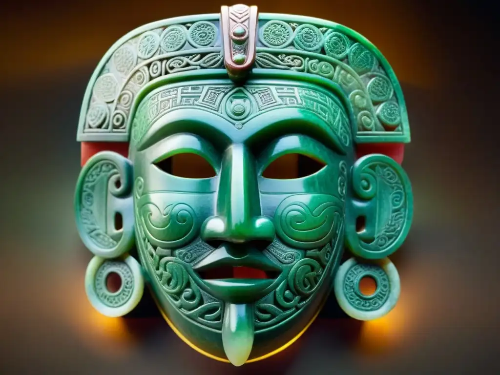 Detalle asombroso de máscara de jade maya, resaltando la importancia cultural de piezas jade mayas