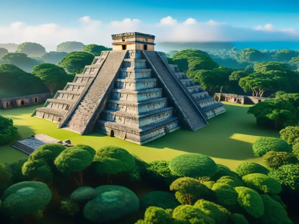 Detalle asombroso de modelado 3D de objetos mayas en ruinas rodeadas de vegetación y cielo azul