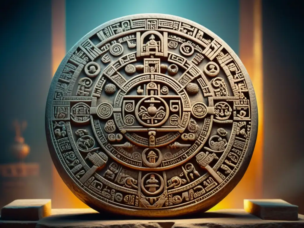 Detalle asombroso de la piedra del calendario maya, con intrincadas inscripciones que relatan eventos celestiales y ciclos temporales