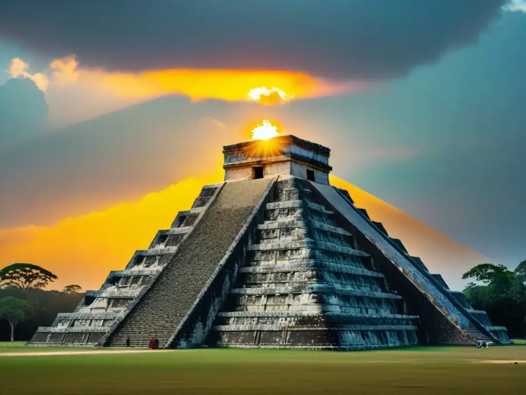 Detalle asombroso de pirámide maya alineada con sol naciente durante equinoccio, resaltando la conexión entre astronomía en rituales mayas