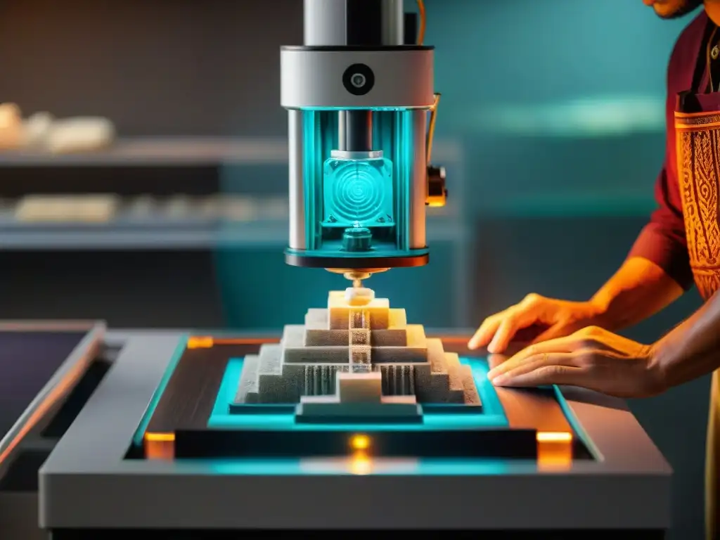 Recreación minuciosa de arte maya: impresora 3D en acción Detalle asombroso: impresora 3D replica con precisión un artefacto maya, fusionando tecnología y preservación histórica