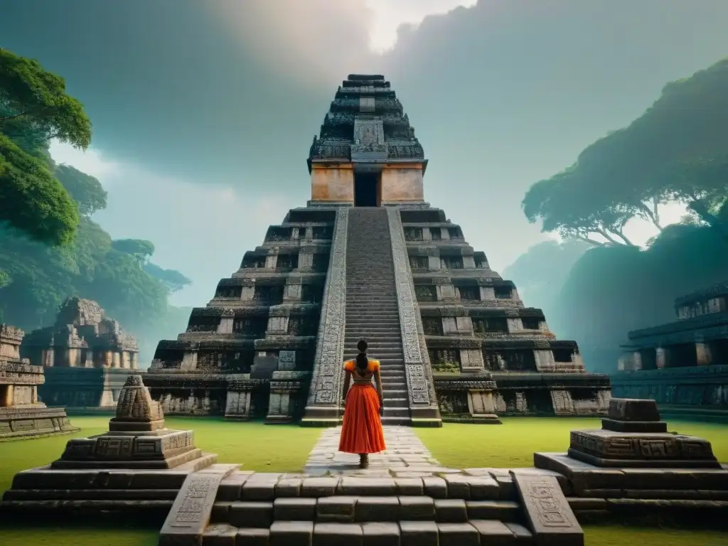 Detalle asombroso: ruinas de templo maya restauradas junto a modelo 3D reconstruido, fusionando herencia maya reconstrucción 3D