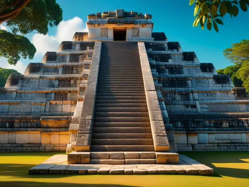 Detalle asombroso de la talla en piedra de la observatorio astronómico maya en Chichen Itza, resaltando alineaciones astronómicas civilización maya