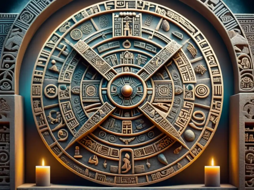 Detalle asombroso del tallado en un calendario Maya, mostrando símbolos y ciclos celestiales