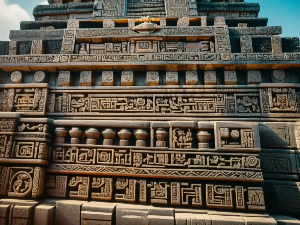 Detalle asombroso de tallados en templo maya, revelando técnicas construcción civilización maya con precisión y complejidad