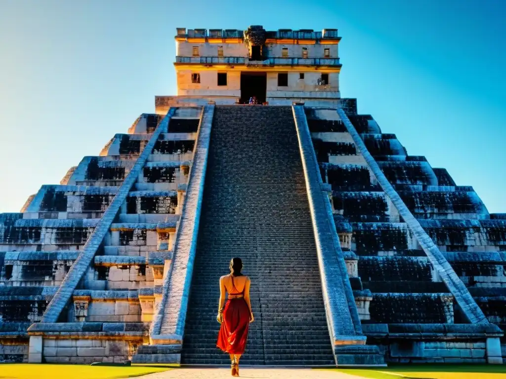 Detalle asombroso del Templo de Kukulkán en Chichén Itzá, destacando el desarrollo arquitectónico civilización maya