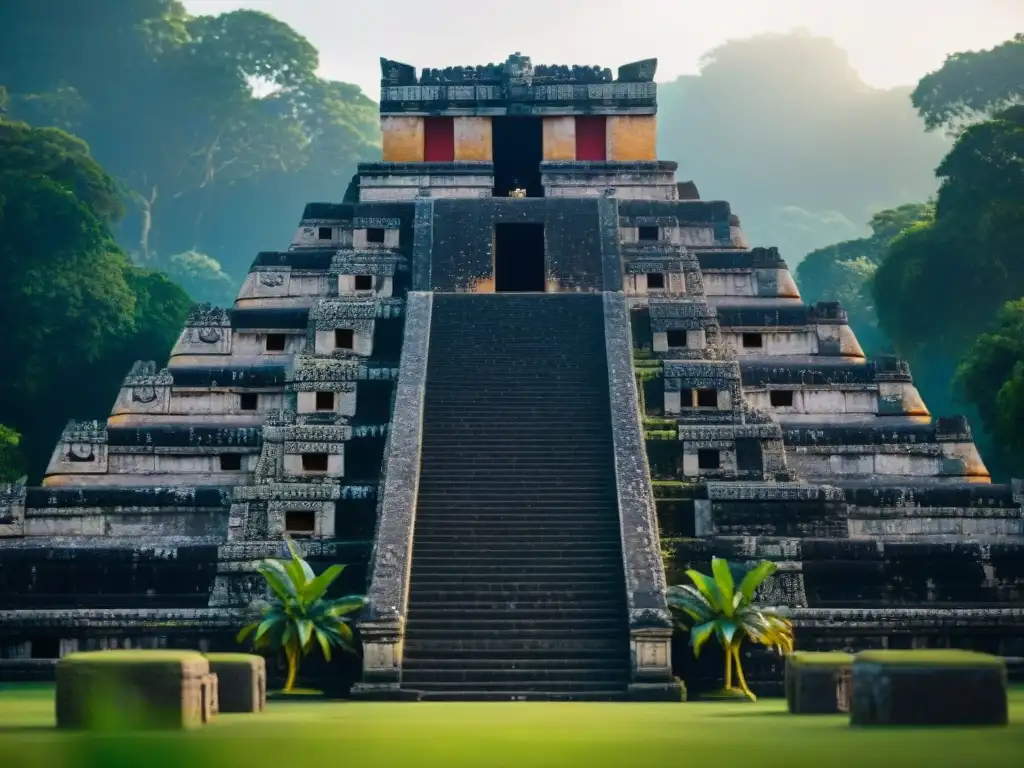 Detalle asombroso: templo maya con símbolos de Kukulkán, bañado en luz dorada y rodeado de vegetación exuberante