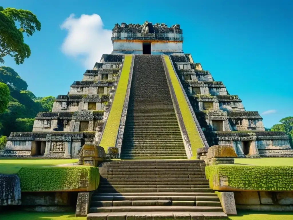 Detalle asombroso de templo maya en Tikal con tecnología 3D, resaltando la artesanía histórica y significado cultural