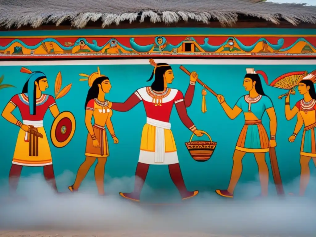 Detalle de asombrosos murales mayas: vida narrada y revelación cultural