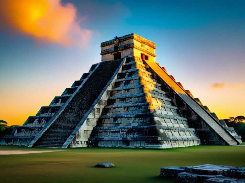 Detalle astronómico de la pirámide de Chichén Itzá al amanecer, mostrando su función astronómica pirámides mayas