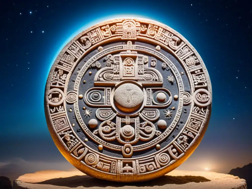 Detalle de calendario astronómico maya con alineaciones astronómicas, constelaciones y planetas, iluminado por la luz natural