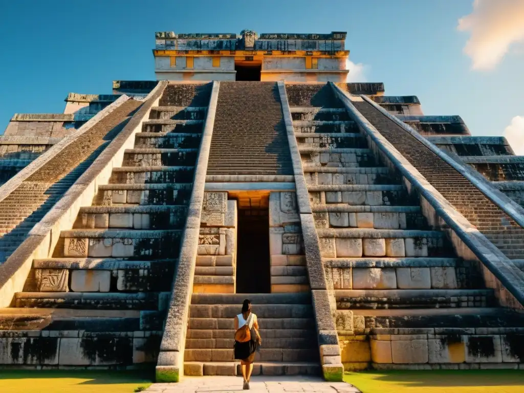 Detalle del calendario celestial en el templo maya de El Castillo en Chichén Itzá, mostrando la conexión celestial arquitectura maya