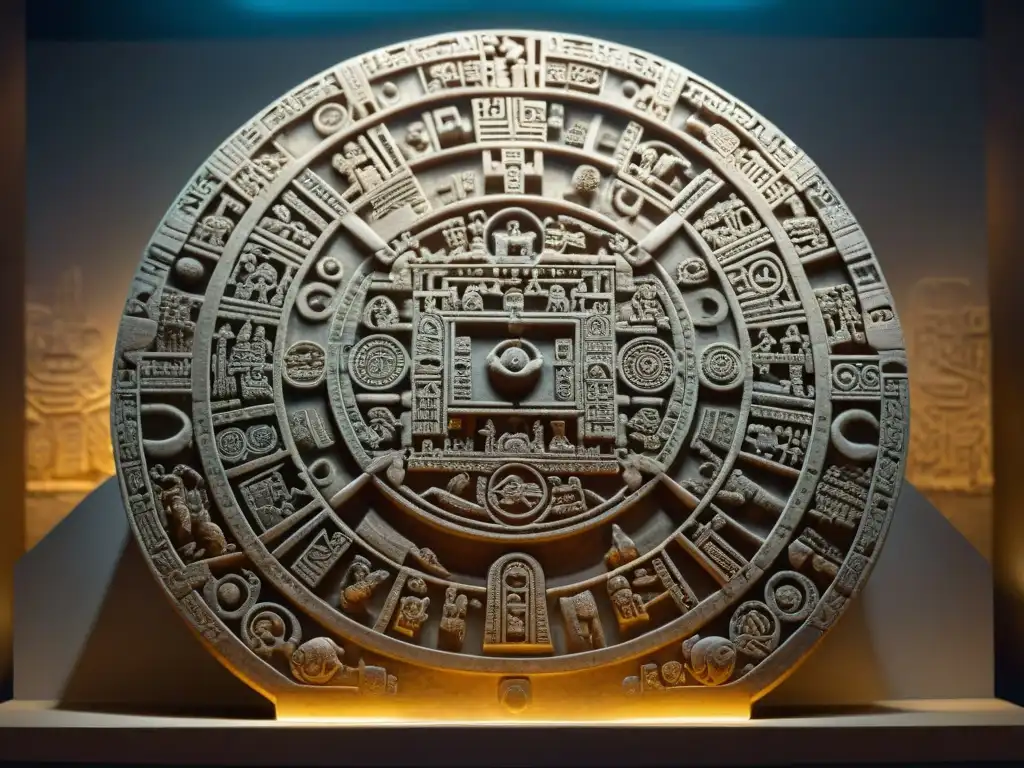 Detalle del Calendario Cuenta Larga Civilización Maya iluminado, rodeado de ruinas y artefactos antiguos