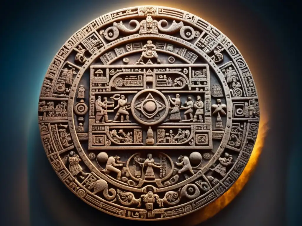 Detalle del Calendario Maya con precisión astronómica, rodeado de figuras misteriosas