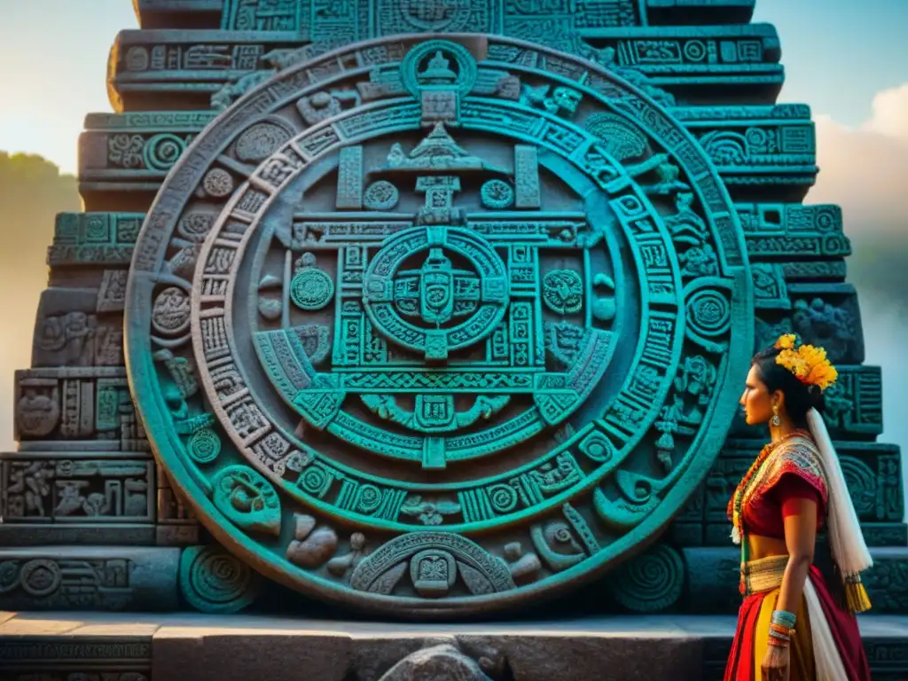 Detalle del Calendario Maya contemporáneo significado en piedra con colores vibrantes y símbolos ancestrales en ritual ceremonial