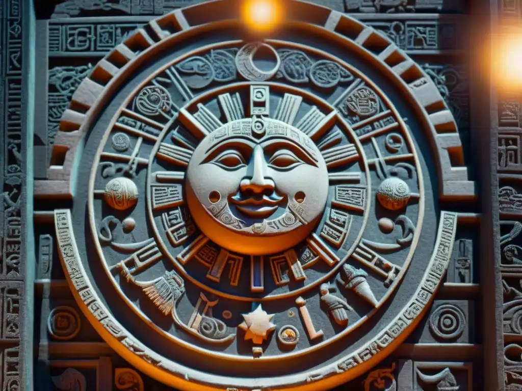 Detalle del Calendario Maya con eclipses, predicciones agrícolas y simbología celestial, capturando su importancia cultural y religiosa