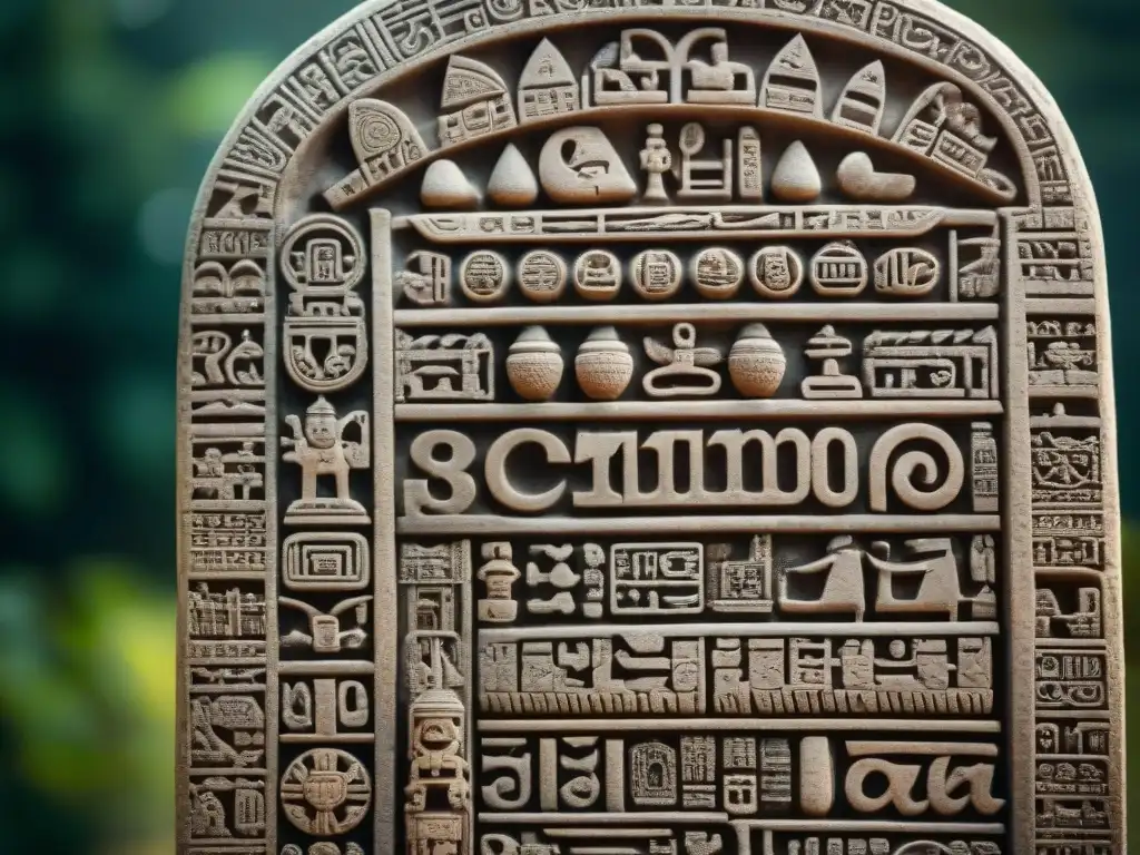 Detalle del calendario maya y escritura: sistema en una estela de piedra tallada con jeroglíficos intrincados, iluminada por luz natural